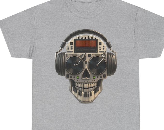 Skull Electronic Tee / Turntables Keyboard Teeth DJ Headphones
