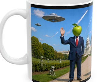 Surreal Alien UFO Coffee Mug, Apple Head TV Chimp Art (11 oz 15 oz)