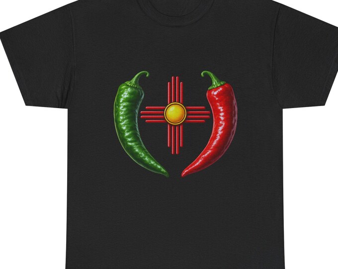 Green Red Chile Zia T-Shirt | New Mexico Peppers and Sun Symbol Tee