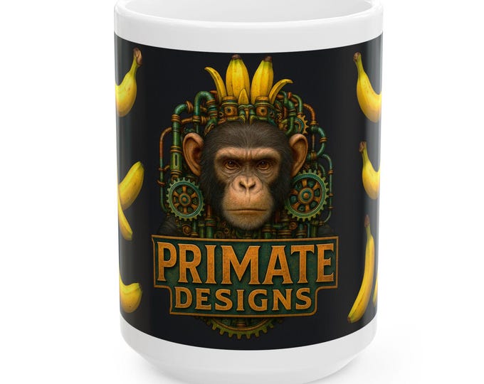 Steampunk Chimp Mug  / Primate Designs / Mechanical Monkey Art with Bananas