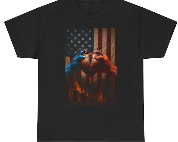 Patriotic Hands Heart Tee | American Flag, Blue & Red Hands, Flame Art