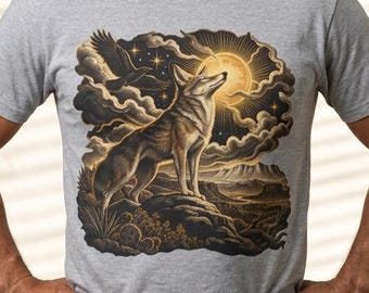 New Mexico Coyote Etching T-Shirt, Celestial Desert Art Tee