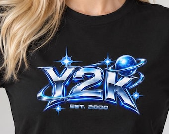 Y2K Chrome Graphic T-Shirt, Futuristic Blue Space Tee, Est. 2000