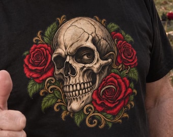 Skull and Roses T-Shirt, Gothic Floral Skull Tee, Red Rose Skeleton Shirt