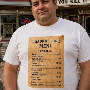 Roadkill Cafe Menü-T-Shirt, Vintage-Diner-T-Shirt mit schwarzem Humor