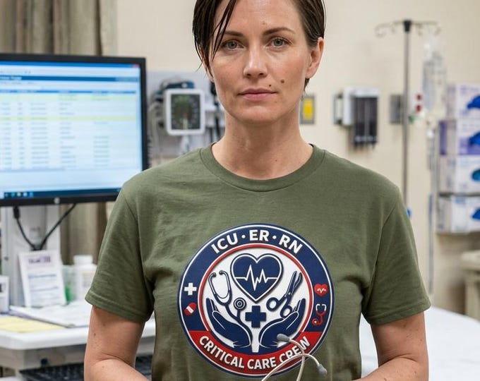 ICU ER RN Critical Care Crew T-Shirt, Medical Badge Emblem Apparel