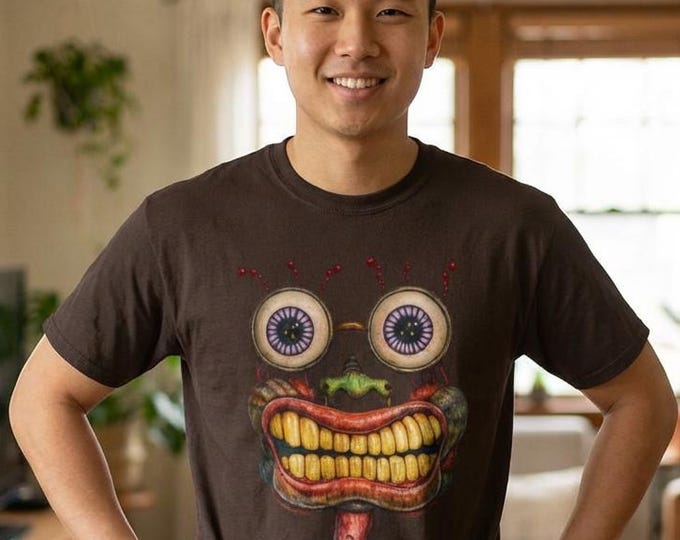 Grotesque Monster Face T-Shirt: Surreal Eyeball Creature Art Tee