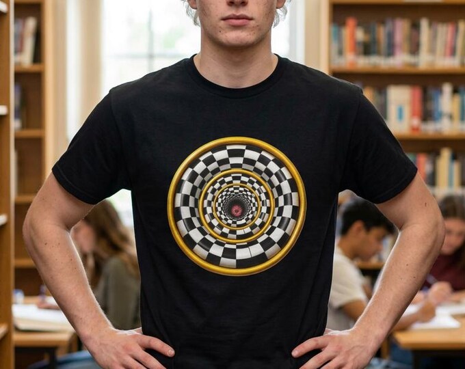 3D Checkerboard Tunnel T-Shirt, Psychedelic Vortex Graphic Tee, Surreal Illusion Art