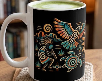 Southwest Petroglyph Mug, Ancient Rock Art, Desert Animals, Pueblo Inspired (11oz/15oz)