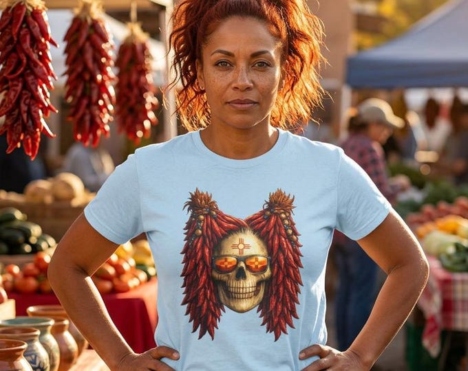 New Mexico Ristra Skull T-Shirt / Zia Sunglasses Chili Pepper Hair / NM Pride Spicy Art