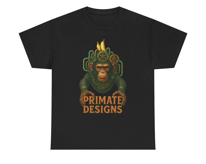 Steampunk Chimpanzee Logo-  Primate Designs Mechanical Monkey Art - Banana Steampunk Gear