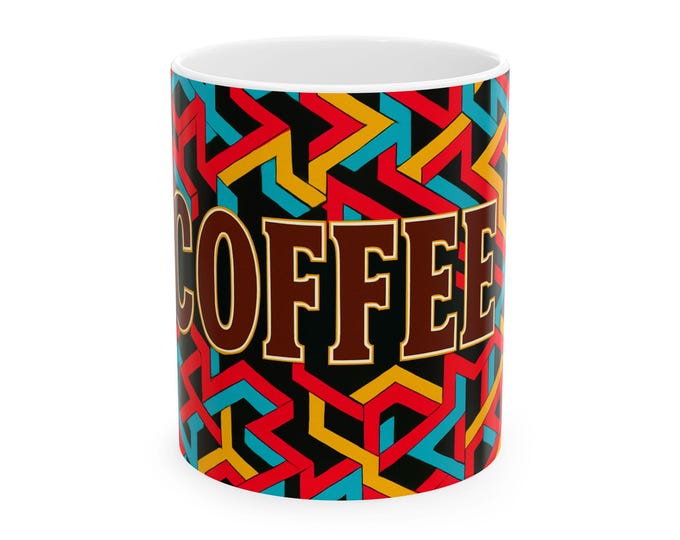Coffee Typography Mug | Retro Geometric Colorful Pattern Ceramic Mug