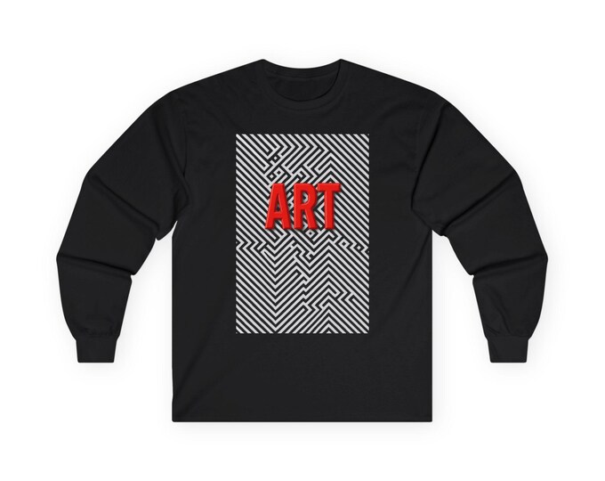 ART maze graphic Long Sleeve | bold red text, black & white optical pattern