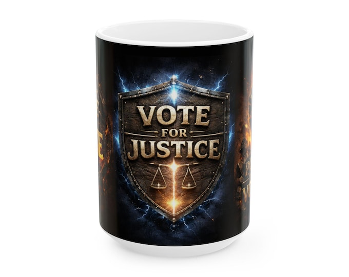 Vote for Justice Mug | Shield Design, Scales of Justice, Patriotic Political
