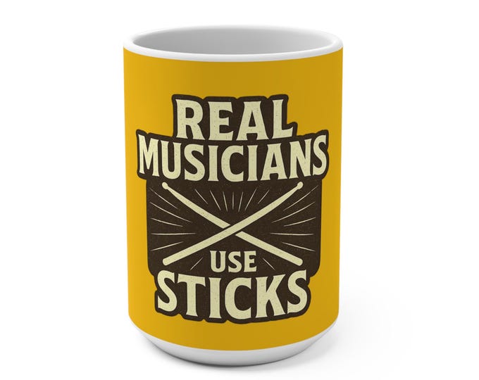 Drummers Motto Real Musicians Use Sticks Mug| Drumstick Drummer and Skeleton Cup