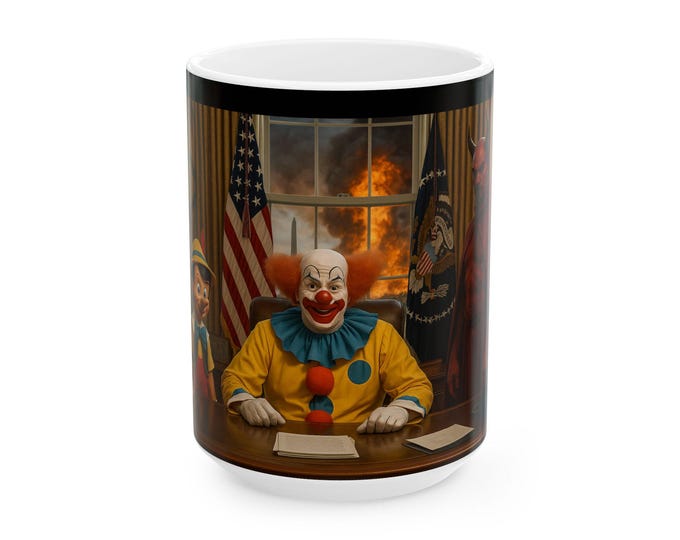 Political Satire Ceramic Mug | Creepy Clown President, Burning Washington