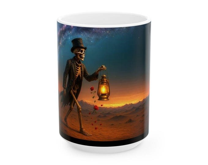 Skeleton with Flowers and Lantern Walk mug | Dead Skull with Top Hat Nightscape Ceramic Mug