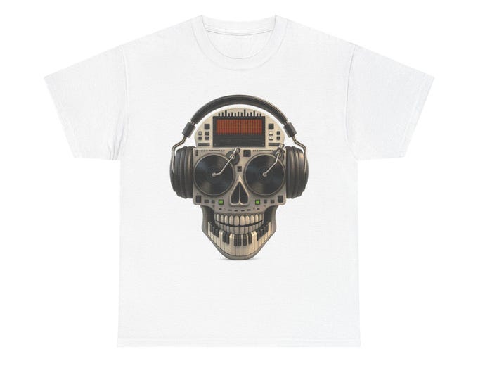 Skull Vinyl Electronic like Image Tee with Turntables Keyboard Teeth DJ Headphones