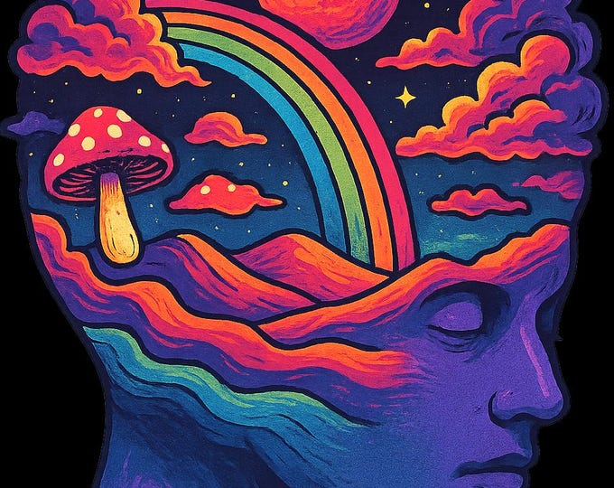 Psychedelic Mindscape T-Shirt / Cosmic Head with Rainbow, Mushrooms & Planets / Trippy Surreal Art Tee