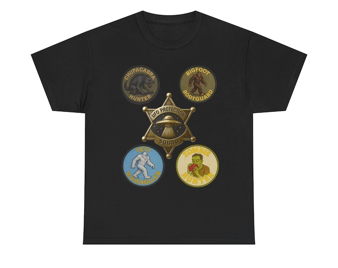 Cryptid Badges Tee | Bigfoot, Yeti, Chupacabra, Zombie UFO Shirt: all in one for the monsters