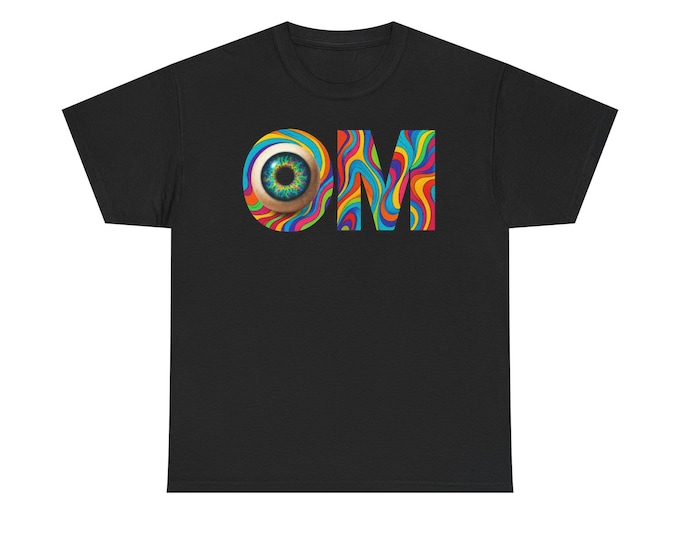 OM Chant Eyeball T-shirt | Colorful Swirl Om Symbol with Third Eye Looking Tee