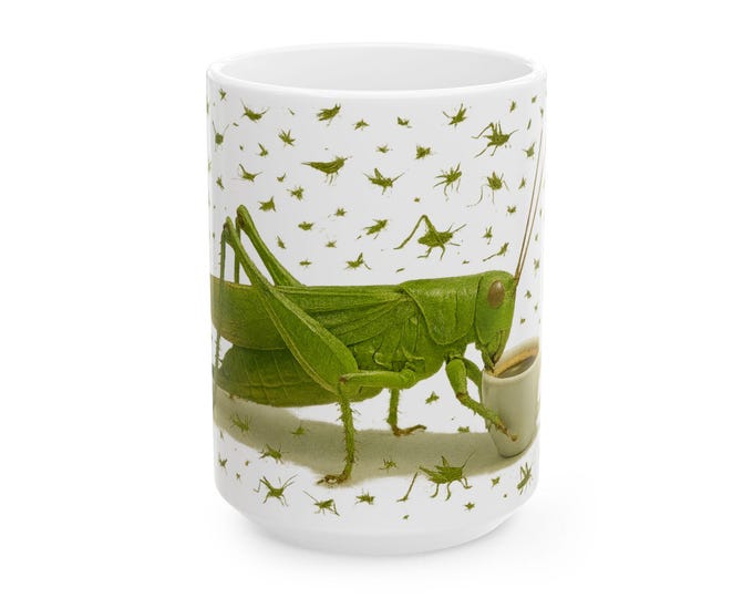 Grasshopper Drinking Coffee Illustration Mug | Funny and Surreal Art