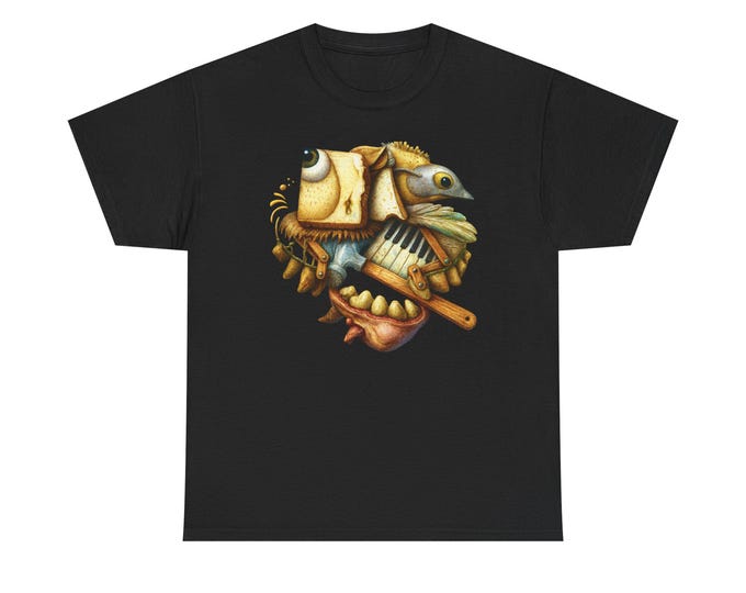 Surreal Collage Drawing Illustration T-Shirt | Piano Hammer Bird Teeth Jawbone Just Good Weirdness