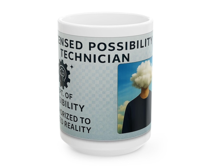 Licensed Possibility Technician Funny ID Badge mug | Surreal cloud-head art