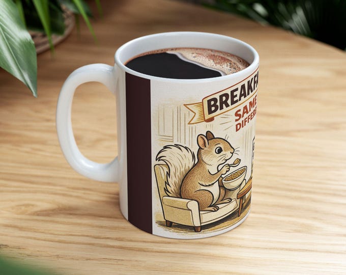 Retro Squirrel Watching TV Mug: Breakfast News Humor (11 oz, 15 oz)