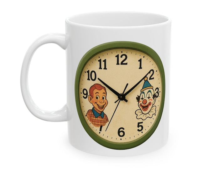 Howdy Doody Clock Face Clown Illustration Mug | Ceramic Coffee Cup