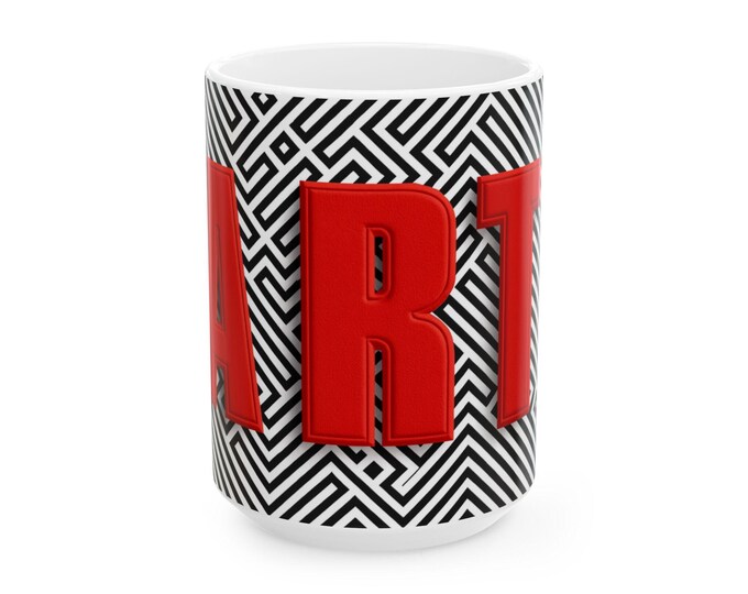 Optical Illusion ART Mug  15oz Artist Gift/ Red Embossed Typography/ Modern Graphic Design Mug