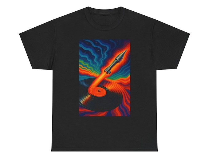 Psychedelic Vinyl & Needle Rocket Tee | Retro Music Wave for Spinning Tunes on the Vinyl Records