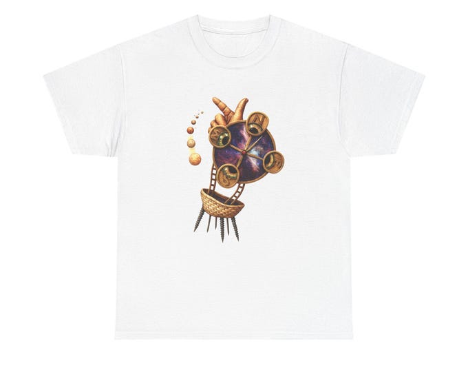 Cosmic Steampunk Compass Art Tee / Surreal Galaxy Illustration with Eyes and Vintage Clockwork Design