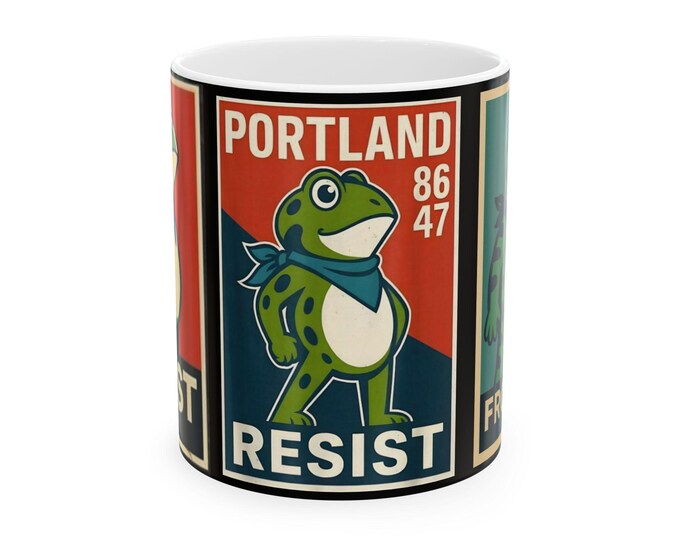 Ceramic Mug, Portland Frog Resist No Kings March 2025, 3 Images Cup, Gift for Activist, Protester, Political Gift, 11oz 15oz Mug, Protest