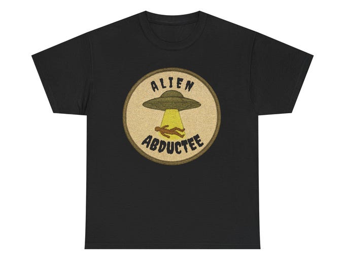 Alien Abductee Tee | UFO Tractor Beam Graphic T-Shirt, Retro Space Patch