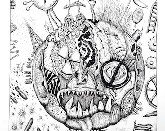Mechanical Creature Drawing, Original Surreal Art, 18"x24"