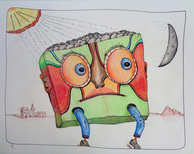 Dancing Guy Tee, Funny Square Head T-Shirt, Unisex Cotton Shirt, Colored Pencil Drawing, Thomas Hill Art, Moon Sun Dance Top