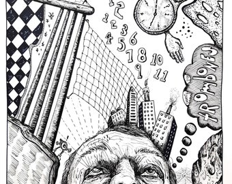 Ticking Clock Pen Ink Drawing – Original Art, 18x24