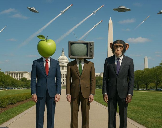 Surreal Pop-Art Mug, TV Head, Chimp, Apple Head