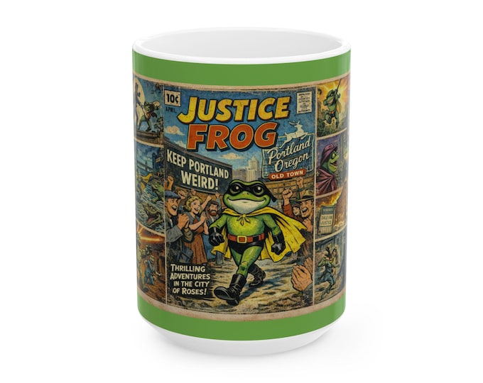 Justice Frog Comic Mug | Retro Portland Hero Art