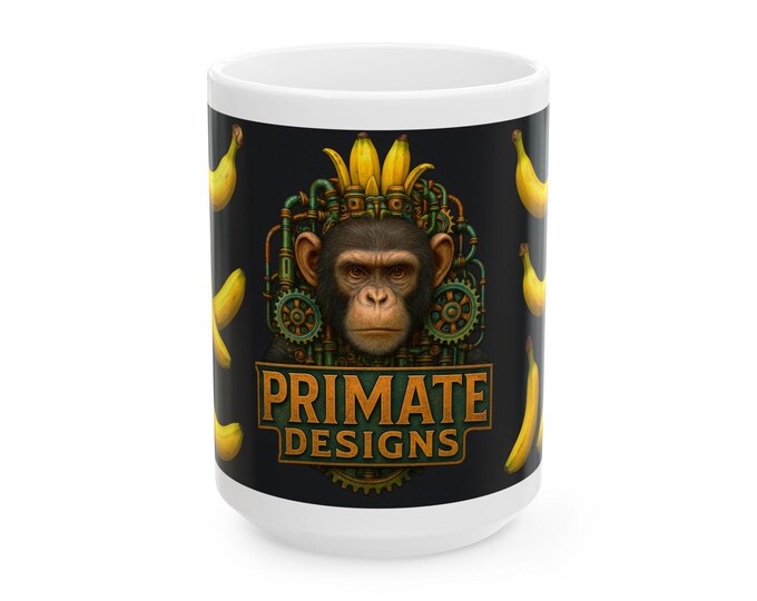 Steampunk Chimpanzee Mug Wrap / Primate Designs 15oz Mug PNG / Mechanical Monkey Art with Bananas