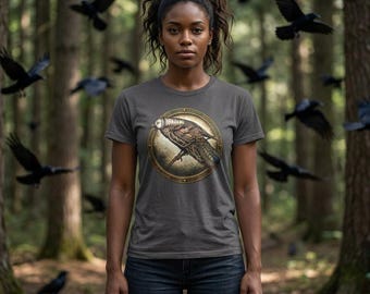 Anatomical Raven Badge T-Shirt | Colorized Pen & Ink Steampunk Art