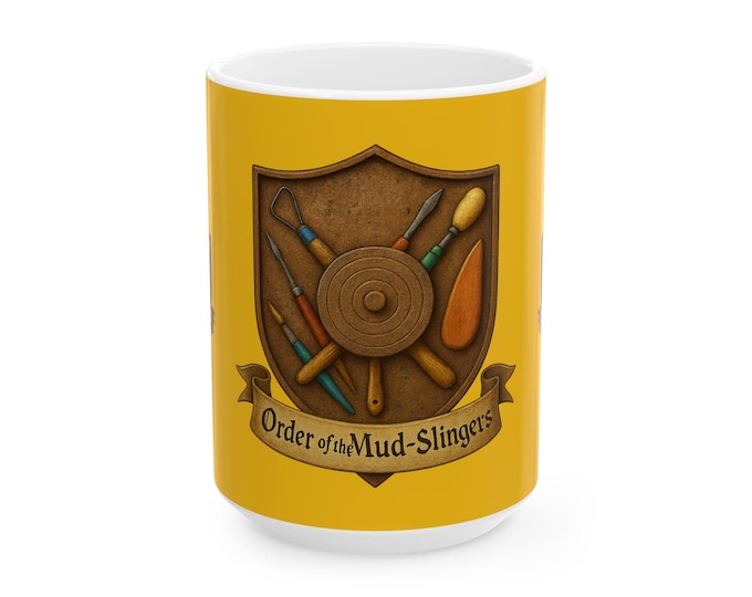Ceramics Artist: Order of the Mud-Slingers Mug | Pottery Wheel Tools Crest Ceramic Mug