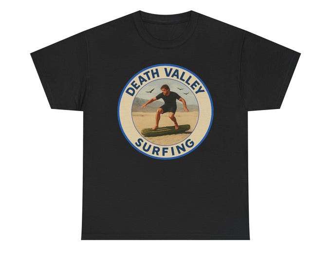 Death Valley Surfing Logo / Desert Surfer Cactus Art/ Funny Photorealistic Round Badge Southwest Humor Graphic