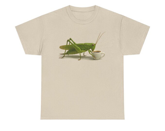 Grasshopper Drinking Coffee Tee | Funny Insect Illustration
