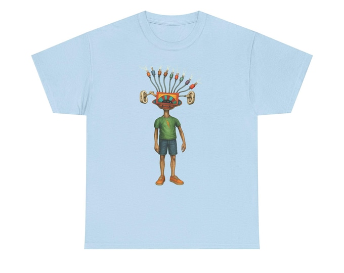 Wired Electric Head Character T-Shirt /Retro Tech Art / Quirky Artist / Colorful Plug-Head Illustration Tee / Graphic Shirt for Creatives
