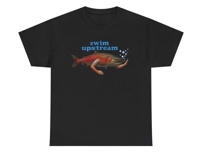Swim Upstream Salmon Inspiration Art / Surreal Fish With Human Arms / Motivational Art