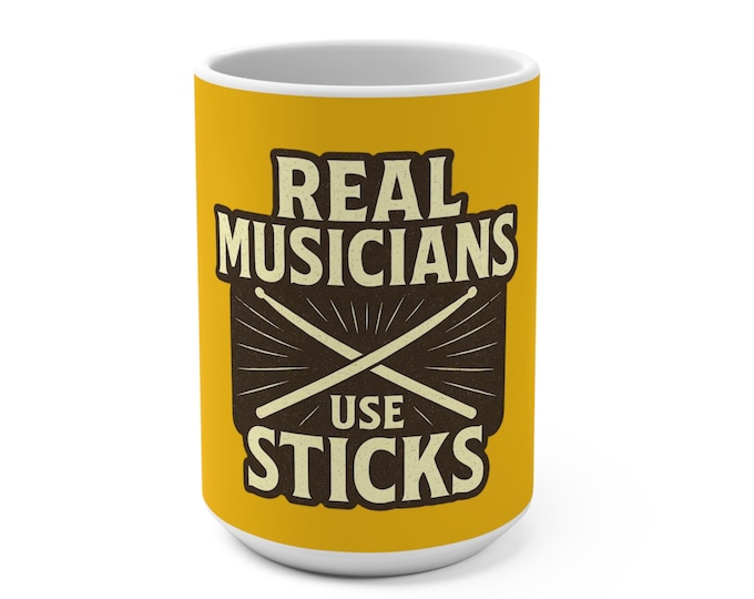 Drummers Motto Real Musicians Use Sticks Mug| Drumstick Drummer and Skeleton Cup