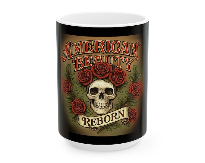 American Beauty Reborn Mug: Vintage Rock Skull & Roses Ceramic Mug