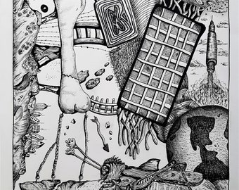 Surreal Cityscape Drawing – Pen and Ink  (18"x24" Original Art )